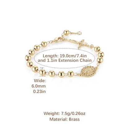 HZMAN Brass Virgin Mary Cross Rosary Bead Bracelet for Women - color: Gold Bead Crucifixed & Mary
