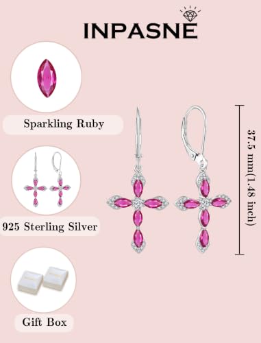 Birthstone Cross Earrings for Women 925 Sterling Silver - color: 07 July - Ruby