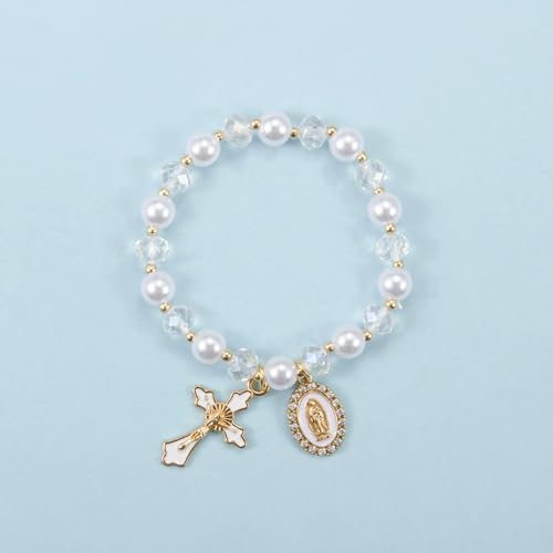 Stretchy Virgin Mary Bracelet with Cross Charm - Multi-Color Pearl Crystal Beaded Catholic Religious Jewelry for Women, Christian Gift for Baptism Confirmation First Communion - color: White