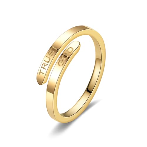 DATOA Trust God Cross Ring for Women Men Stainless Steel Open Adjustable Ring Inspirational Religious Faith Jewelry Christmas Graduation Party - color: Gold