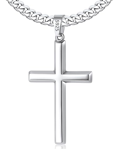 925 Sterling Silver Cross Necklace for Men, 18k Gold Plated Sterling Silver Cross Necklace with 5mm Durable Stainless Steel Cuban Link Chain for Men, 18 20 22 24 26 Inch - color: Silver Cross Pendant
