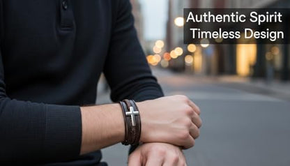 Stainless Steel Braided Leather Bracelet for Men Cuff Bangle Cross - color: Brown&White