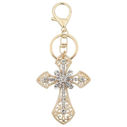 TTYY Stylish Rhinestone Cross Keychain - Sparkling Christian Car Key Ring for Women Men,Religious Gift for Purse Backpack Bag - color: Gold-2