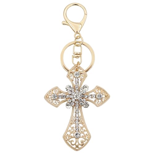TTYY Stylish Rhinestone Cross Keychain - Sparkling Christian Car Key Ring for Women Men,Religious Gift for Purse Backpack Bag - color: Gold-2