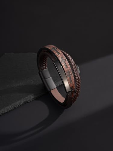 Mens Leather Cross Bracelet Multilayer Braided Wristband Bangle Bracelets with Stainless Steel Buckle Religious Gift for Men Brown/Black/Blue–8.3 inch - color: Brown-2, size: 8.3in(Fits most wrists)