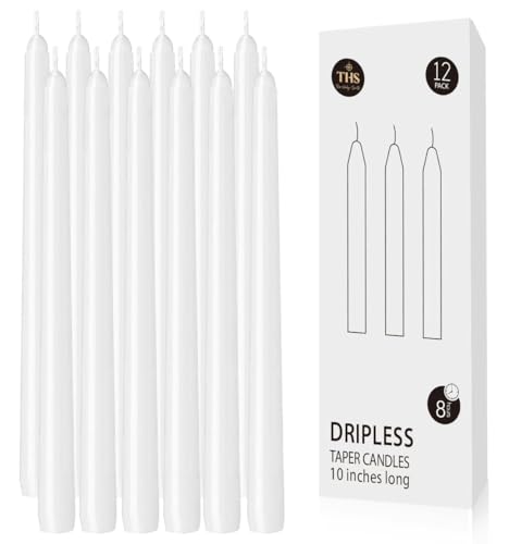 12-Pack Taper Candles (10-Inch) – Dripless & Smokeless Long Burning (8 Hours) – Unscented Hand Poured Wax Candlesticks for Weddings, Dinner Parties, & Home Decor (White) - color: White