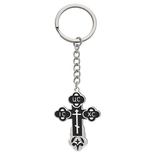 TEAMER Cross Keychain Russian Orthodox Crucifix Eastern Church Keychain Religious Christian Prayer Jewelry for Men Women - color: Black Silver