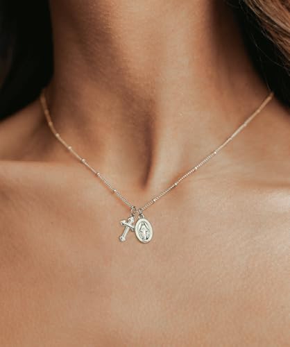 NIXMAX Small Cross Necklace for Women, 14K Gold Silver Plated Pendant - color: Silver-Virgin Mary with Cross