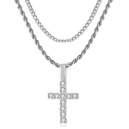 GEMOSA Cross Necklace for Men, Cuban Link Layered Rope Chain Silver/Gold/Black - color: Silver, size: 22/24 inch