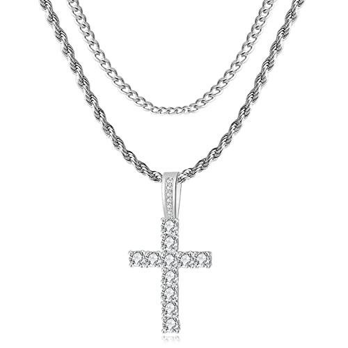 GEMOSA Cross Necklace for Men, Cuban Link Layered Rope Chain Silver/Gold/Black - color: Silver, size: 22/24 inch