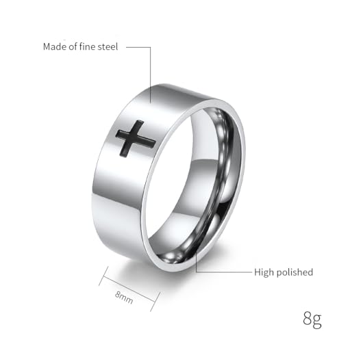 Men's Cross Ring Black/Silver Christian Wedding Band Stainless Steel - color: 8mm,silver