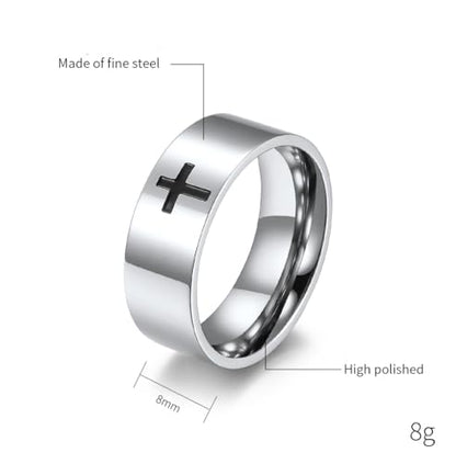 Men's Cross Ring Black/Silver Christian Wedding Band Stainless Steel - color: 8mm,silver