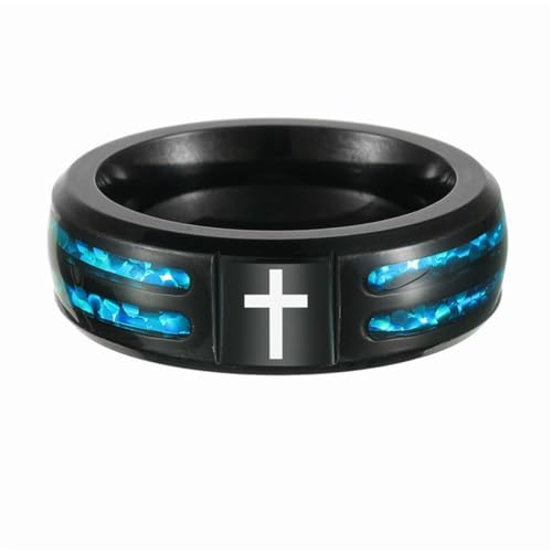 PAMTIER Unisex 8MM Inlay Blue Imitation Opal Cross Signet Ring