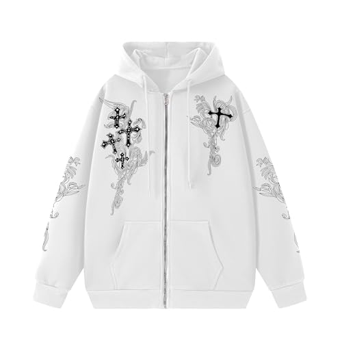Zip Up Hoodies Y2k Jacket Graphic Gothic Jackets Grunge Cross Hoodie Baggy Streetwear Emo Sweater Aesthetic Clothes - color: White, size: Small