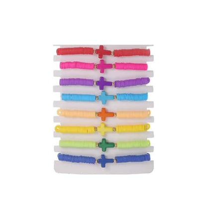Caiyao 8Pcs Cross Bracelets Bohemian Rainbow Polymer Clay Cross Stretch Bracelets Colorful Stackable Cross Beads Elastic Bracelet for Women Summer Beach Friendship Jewelry Gifts - color: 8pcs 1