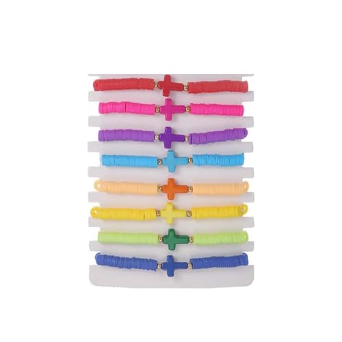Caiyao 8Pcs Cross Bracelets Bohemian Rainbow Polymer Clay Cross Stretch Bracelets Colorful Stackable Cross Beads Elastic Bracelet for Women Summer Beach Friendship Jewelry Gifts - color: 8pcs 1