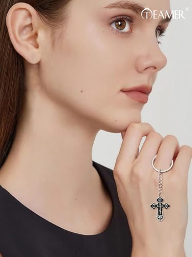 TEAMER Cross Keychain Russian Orthodox Crucifix Eastern Church Keychain Religious Christian Prayer Jewelry for Men Women - color: Black Silver