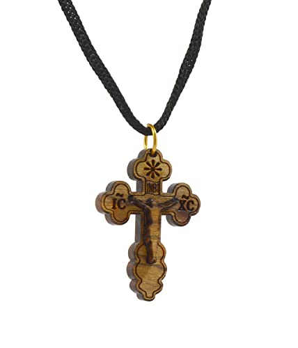 Most Original Gifts AUTHENTIC Bethlehem Olive Wood Eastern Cross Pendant in Natural Cotton Pouch with Christogram - Cross for Men & Women - style: Style-2