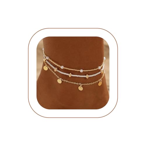 Ankle Bracelets for Women Waterproof Non Tarnish Anklet - style: 3 Layered Pearl&Disc-GD