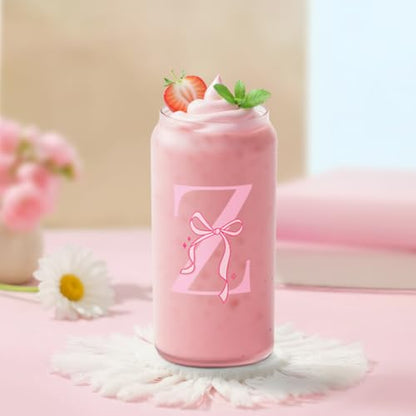 SANDJEST Monogrammed Glass Drinking Can Cup with Acrylic Lid and Straw, Personalized Frosted Iced Coffee Tumbler 16oz, Monogram Initial Gifts for Women Girls on Birthday (Z) - color: Z
