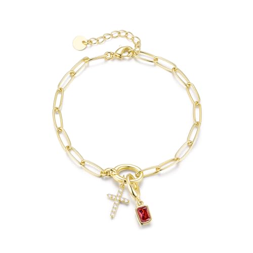 Free bird 14K Gold Cross Birthstone Bracelets for Women Dainty Charm - color: 07-July