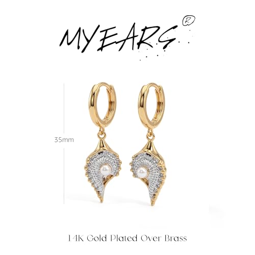 MYEARS Women Earrings Gold Huggie Hoop Dangle Drop 14K Gold Plated Small Simple Hypoallergenic Everyday Jewelry - style: Conch Shell