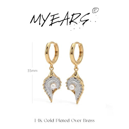 MYEARS Women Earrings Gold Huggie Hoop Dangle Drop 14K Gold Plated Small Simple Hypoallergenic Everyday Jewelry - style: Conch Shell