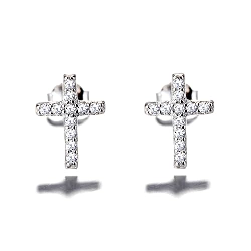 Sterling Silver & White Gold Plated Cross Earrings with Crystals for Women - style: Cross