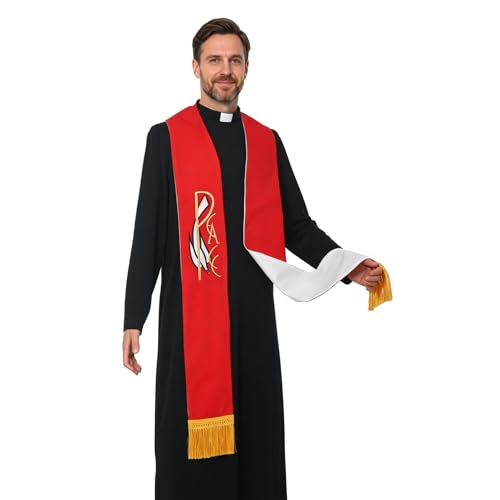 BLESSUME Priest Reversible Stole Embroidered Clergy Stole with Tassels Church Minister Pastor Wedding Shawls - color: White and Red