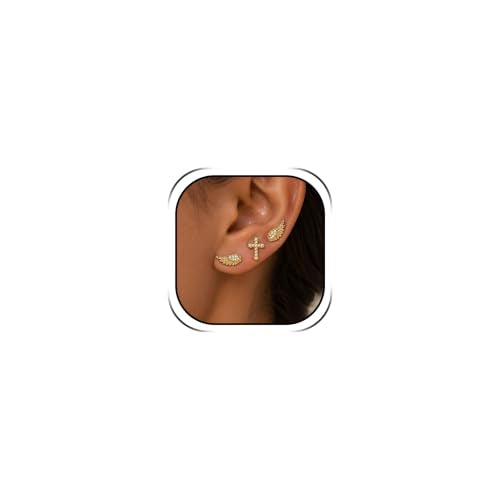 Angel Wing Stud Earrings for Women Crystal Cross Screw Back Wings Earrings Piercing Jewelry - color: 3pcs Gold