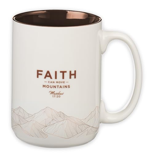 Christian Art Gifts Ceramic Coffee & Tea Mug for Men & Women - color: Faith Moves Mountains/White & Brown