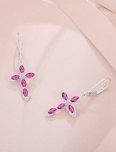 Birthstone Cross Earrings for Women 925 Sterling Silver - color: 07 July - Ruby