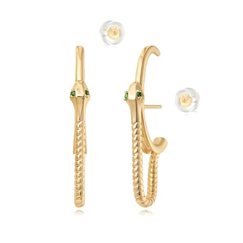 MYEARS Women Hoop Earrings Gold 14K Gold Filled Small Simple Handmade Hypoallergenic Everyday Illusion Jewelry - style: Snake Green Eye