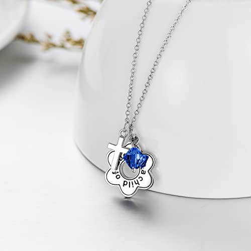 AOBOCO 925 Sterling Silver I Am a Child of God Daisy Necklace Jewelry Birthday Birthday Baptism Communion Gifts for Girls - color: Simulated Sapphire