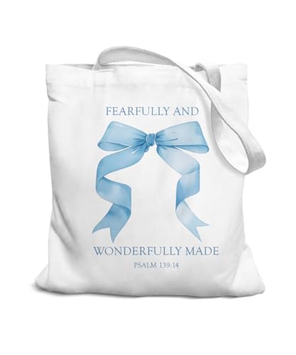 Coquette Bow Bible Canvas Tote Bag for Women Teens Teen Girls, Pink Bow Girls Tote Bag, Coquette Gifts - color: Blue Bow Bible