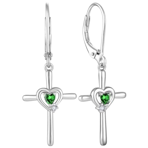 Cross Earrings 925 Sterling Silver Opal Crucifix Dangle Drop Earring Heart Birthstone Religious Jewelry for Women - color: 05-emerald-May