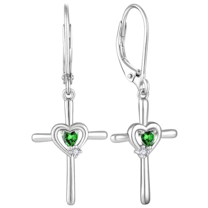 Cross Earrings 925 Sterling Silver Opal Crucifix Dangle Drop Earring Heart Birthstone Religious Jewelry for Women - color: 05-emerald-May
