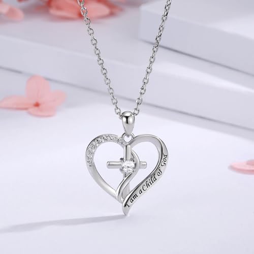 925 Sterling Silver I Am a Child of God Scripture Pendant with Birthstone Heart Cross Communion Necklace for Women Christian Faith Jewelry Gift - color: April