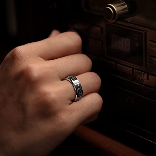 King Will Stainless Steel Men Ring Lord's Prayer Cross Ring Stainless Steel Men Wedding Ring, Wedding Band Bible Engraved Rings High Polished, Comfort Fit - color: black polish