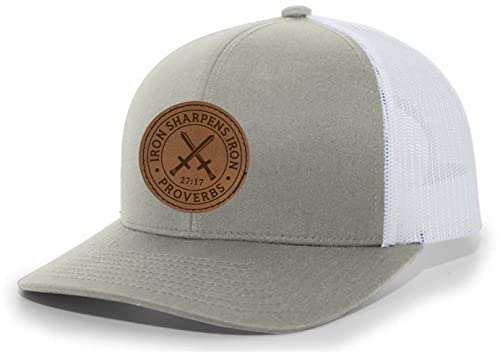 Heritage Pride Christian Iron Sharpens Iron Proverbs 27:17 Laser Engraved Leather Patch Mesh Back Trucker Hat - color: Silver/White