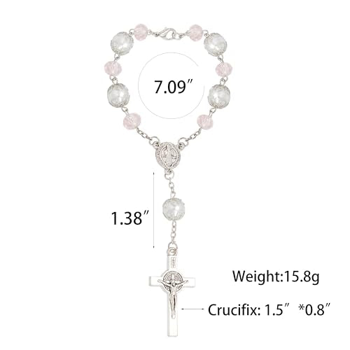One Decade Car Rosary with St. Benedict Medal Catholic Auto Rear View Mirror Charm Pink Glass Beads Spiritual Protection Pendant Religious Car Accessories for Men and Women - color: Pink