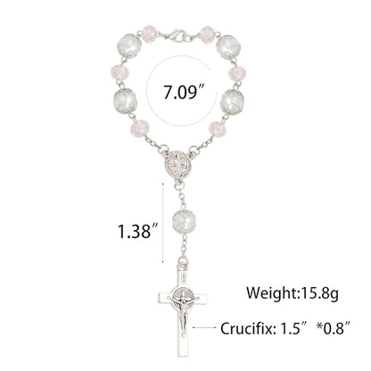 One Decade Car Rosary with St. Benedict Medal Catholic Auto Rear View Mirror Charm Pink Glass Beads Spiritual Protection Pendant Religious Car Accessories for Men and Women - color: Pink