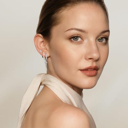 Angelady Gold Hoop Earrings Set for Women, Dainty 14K Gold Plated Flower Moon Cross Dangle Earrings, Hypoallergenic Huggie Hoop Earring Stacks, Stud Earrings for Women Trendy Jewelry Gift - color: Silver,Cross Earrings