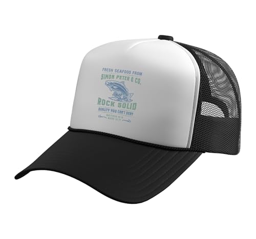 Christian Faith Jesus Simon Peter Funny Seafood Bible Verse Trucker Hat with Adjustable Mesh Back - color: Black/White