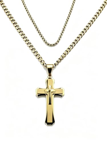Men's Layered Cross Pendant Necklace, 2.1x1.2 inch Religious Charm, 21.6" 5mm Stainless Steel Cuban Chain, 18K Gold & Black Plated, Bonus 23.6" Square Pearl Chain, Marble Gift Box for Dad - color: Gold