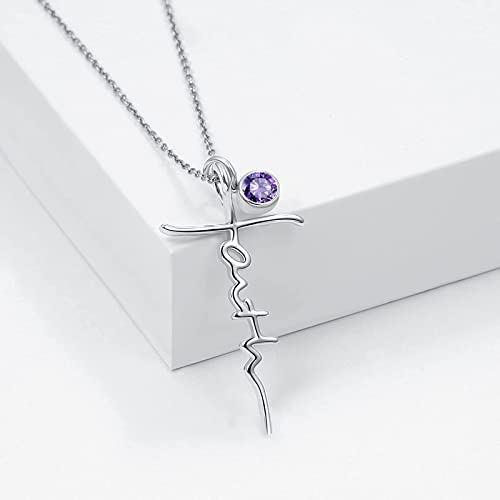 PRAYMOS Faith Cross Necklace for Women 925 Sterling Silver Pendant Necklace With Birthstone Initial Christian Religious Confirmation Baptism Mothers Day Gifts - color: 2-Silver February(Amethyst)