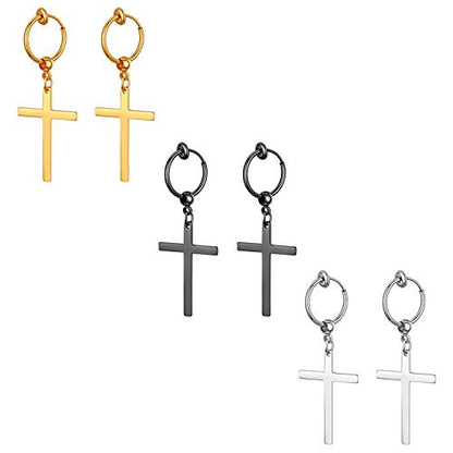 Cupimatch 3-6 Pairs Stainless Steel Cross Dangle Huggie Hinged Hoop Earrings for Men Women (1 Pair Silver Cross) for Mother's Day - color: drop-3pack