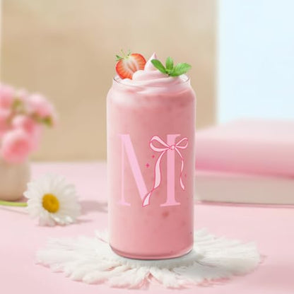 SANDJEST Monogrammed Glass Drinking Can Cup with Acrylic Lid and Straw, Personalized Frosted Iced Coffee Tumbler 16oz, Monogram Initial Gifts for Women Girls on Birthday (M) - color: M