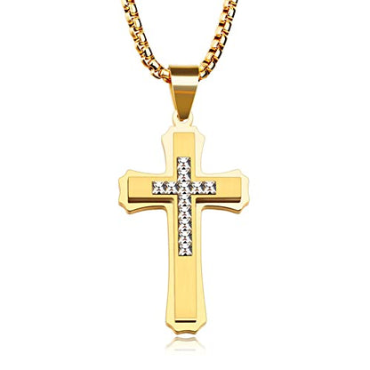 OLEVS Men's Cross Pendant Necklace Large Stainless Steel Cross Pendant Necklace for Men Women - color: gold crystal