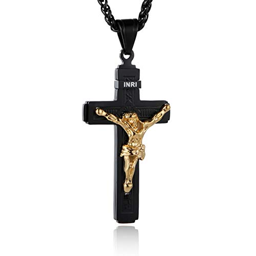 HZMAN Catholic Jesus Christ INRI Cross Crucifix Pendant Necklace for Men - color: Black